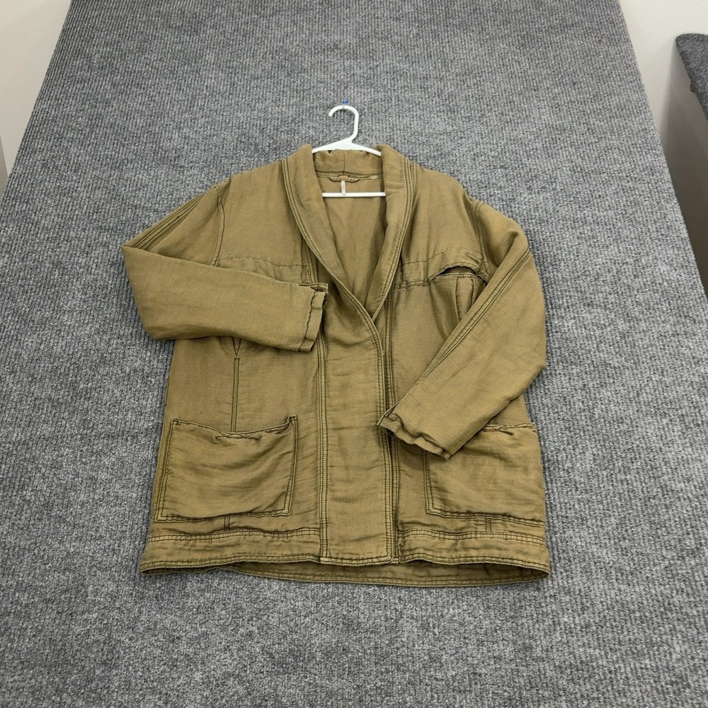 Free People Jacket Womens S Olive Green Cotton Linen Shawl Collar Utility Boho